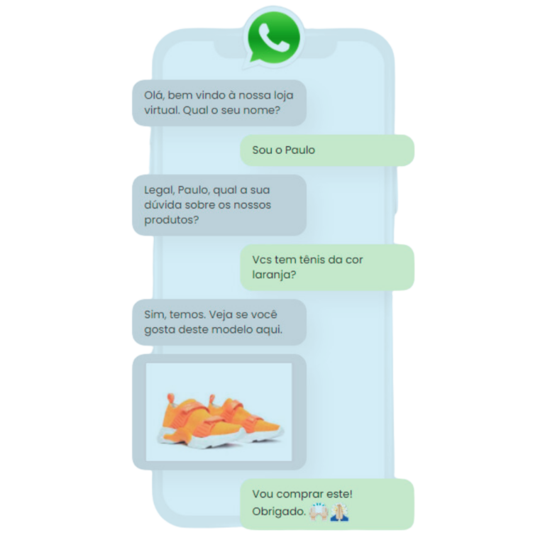 Simulação de atendimento via WhatsApp mostrando interação entre cliente e loja virtual na compra de um tênis laranja