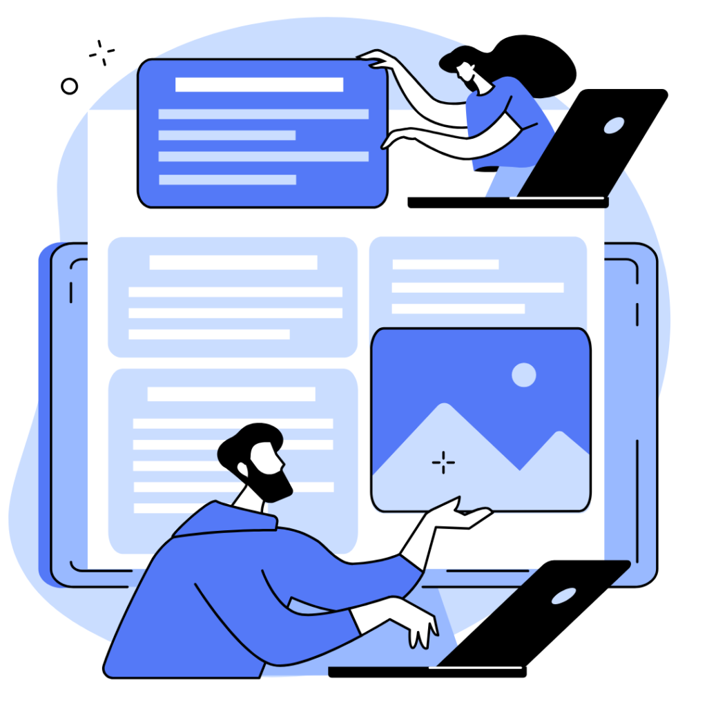 Ilustração estilizada de duas pessoas colaborando na construção de um site, manipulando elementos visuais e textuais em uma interface digital.