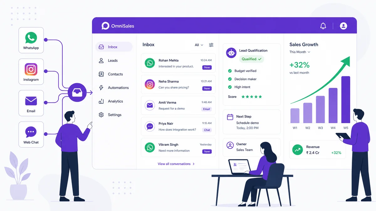 Painel omnichannel com WhatsApp, Instagram, e-mail e chat para qualificação de leads