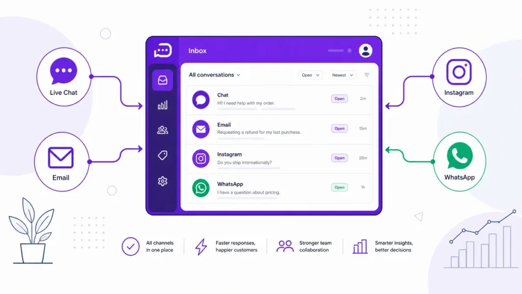 Painel omnichannel reunindo WhatsApp, Instagram, e-mail e chat em uma única caixa de entrada