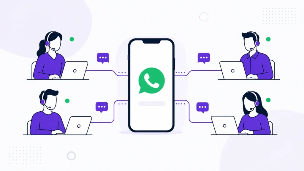 Ilustração de vários atendentes compartilhando um único número de WhatsApp
